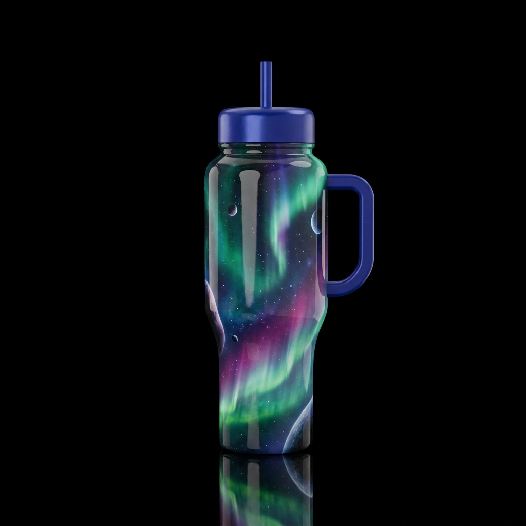 Aurora lights in outer space wraped around planets... water bottle design