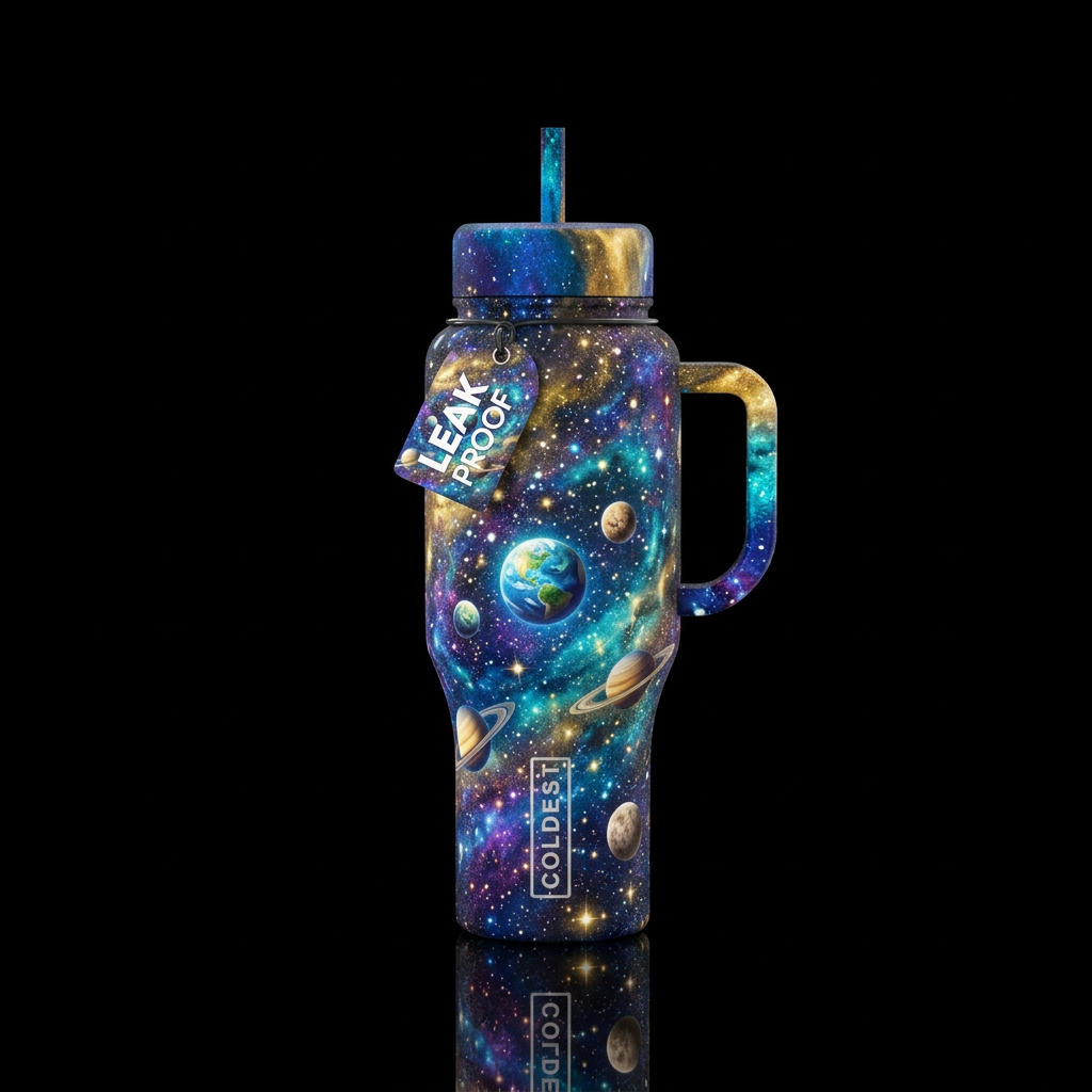Sleepy World with stars and planets all around, re... water bottle design