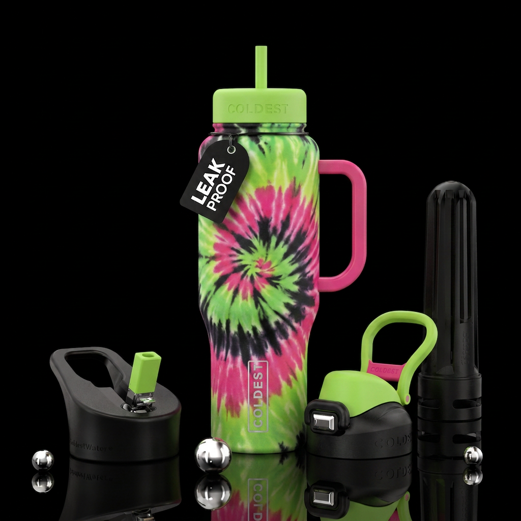Lime green hot pink black tie dye water bottle design