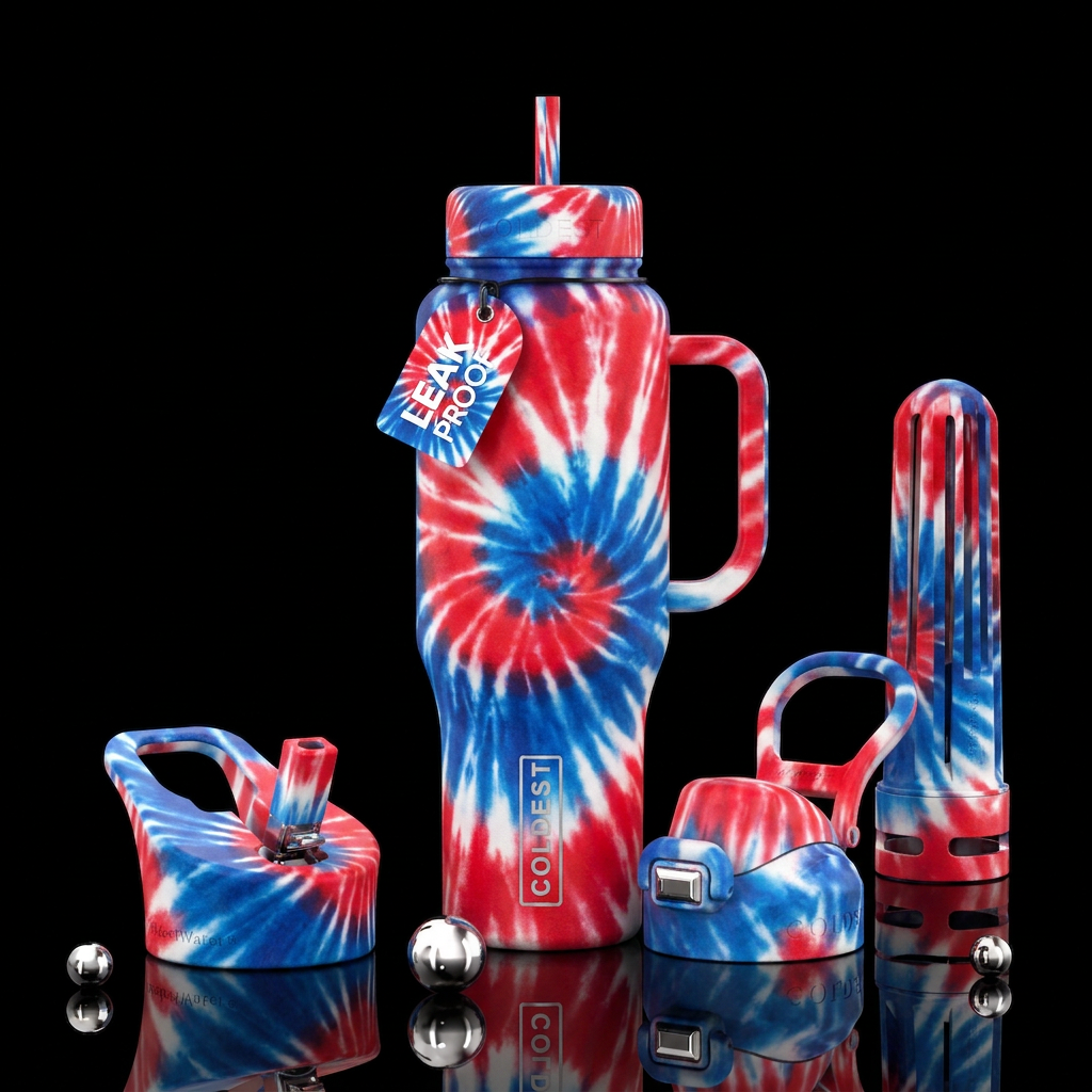 Red white blue tie dye water bottle design