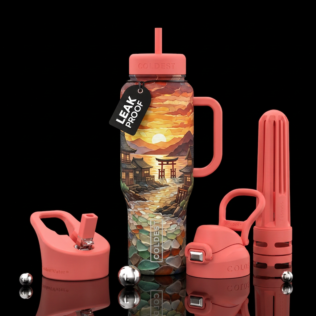 Japan sunset sea glass beach village water bottle design