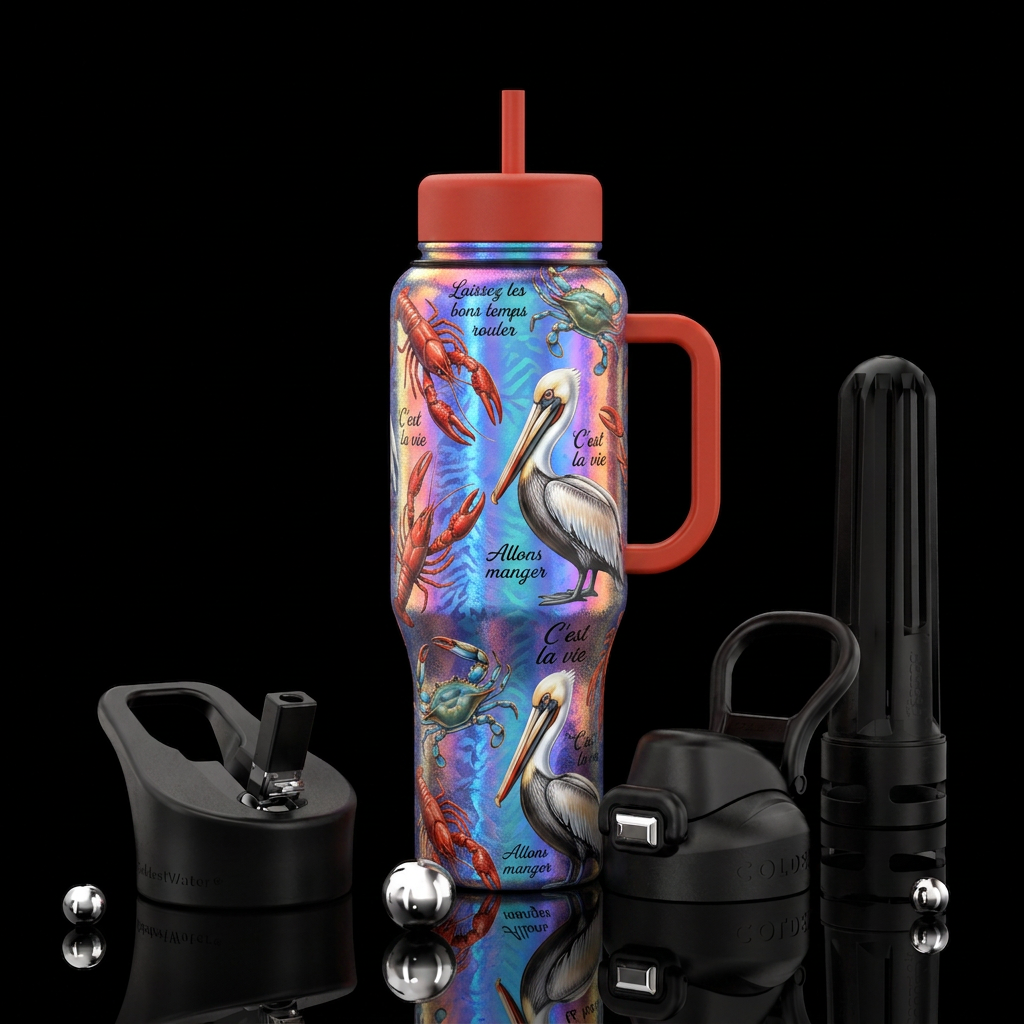 Cajun Louisiana themed with shrimp, crab, pelicans... water bottle design