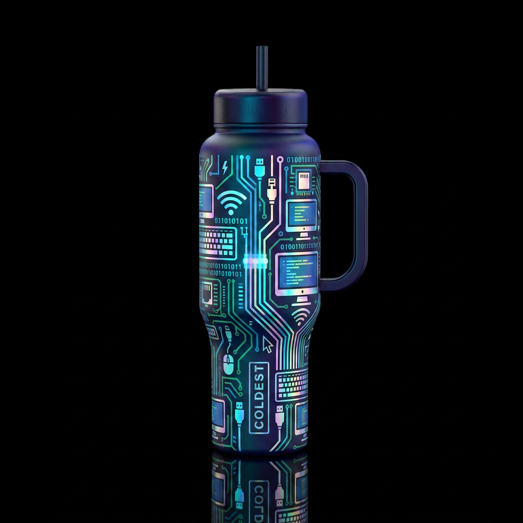 incorporate recognizable IT elements such as circu... water bottle design
