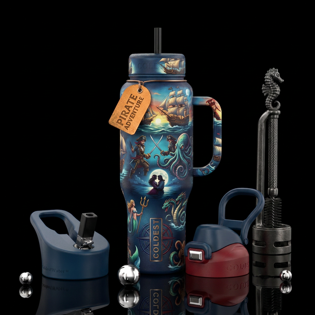 Pirate adventure with high seas, sword fights, rom... water bottle design