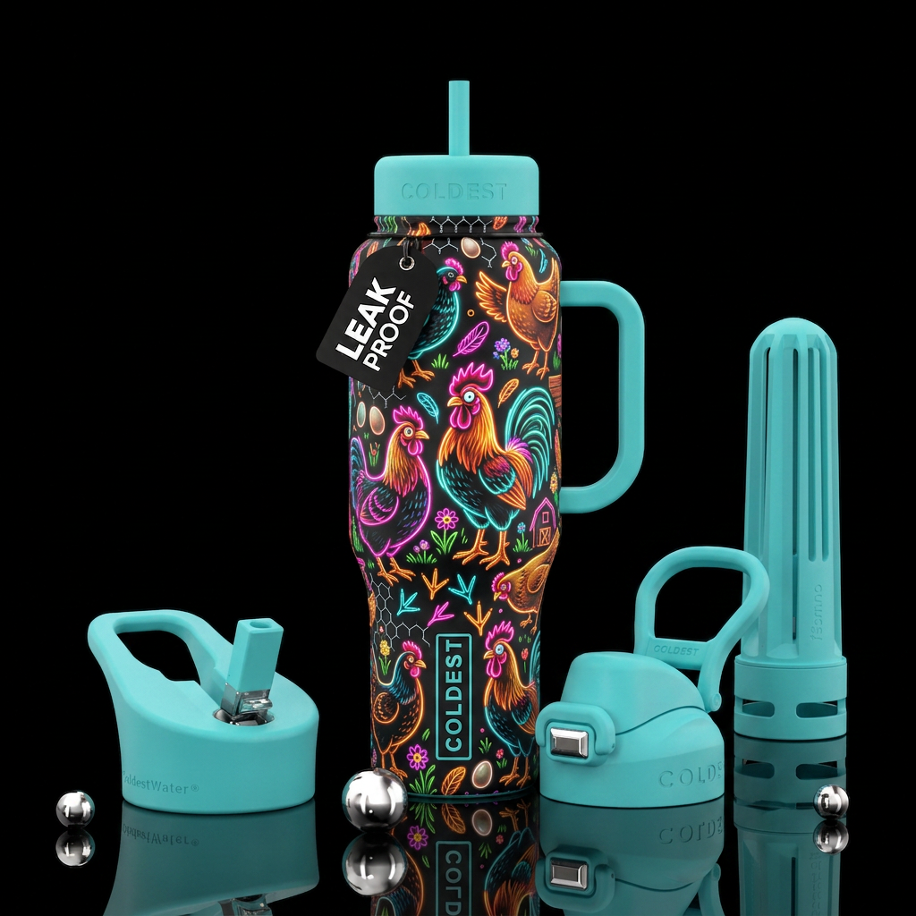 Create a funny, colorful tumbler wrap featuring ch... water bottle design