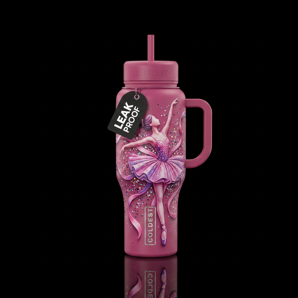 Pink and purple ballerina with ribbons and glitter... water bottle design