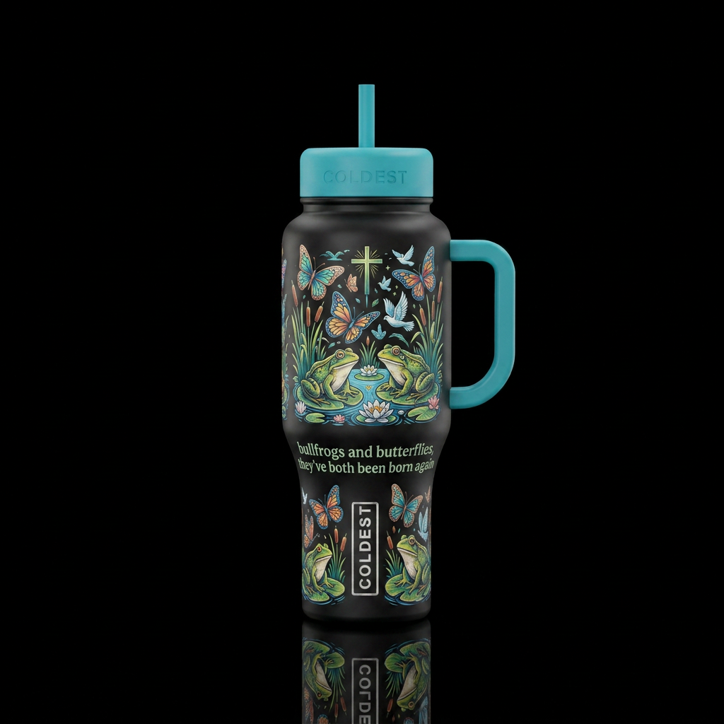 Bullfrogs and butterflies with a Christian feel.  ... water bottle design