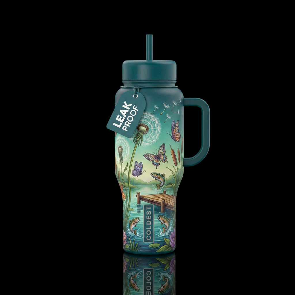 Dandelions, butterflies, and cat tails with a pond... water bottle design