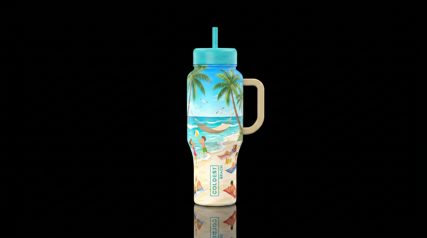 Lazy beach scene with hammock between swaying palm... water bottle design