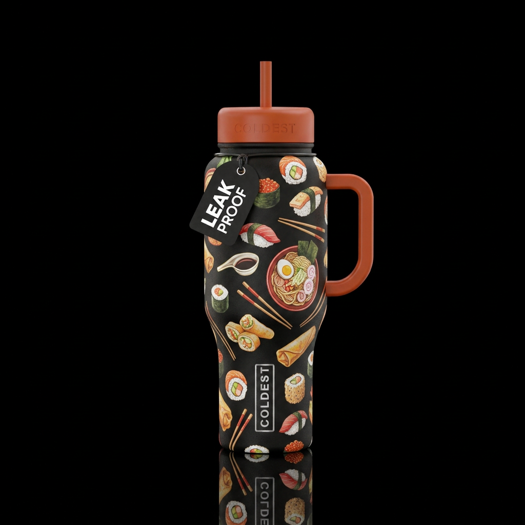 Sushi rolls and ramen.  Chopsticks and spring roll... water bottle design