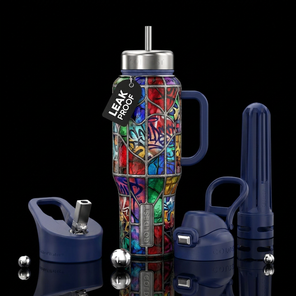 stained glass, graffiti art, street art water bottle design