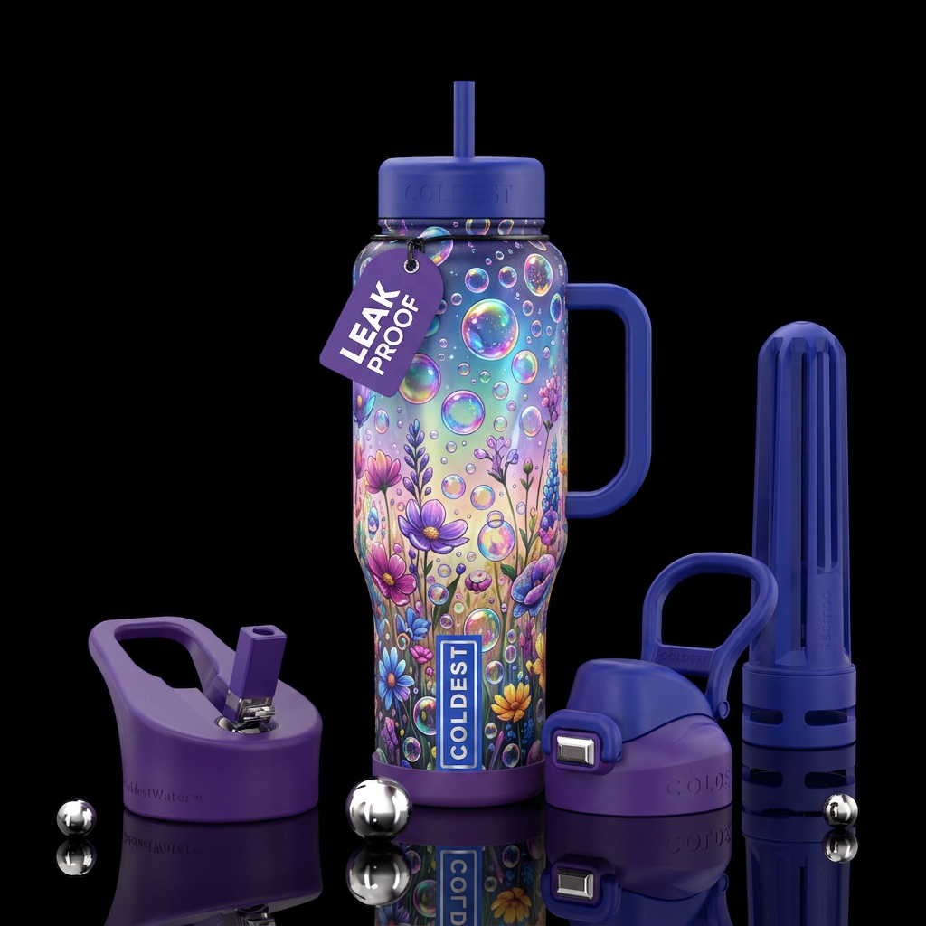 Colorful bubbles, popping on the ground,, abstract... water bottle design