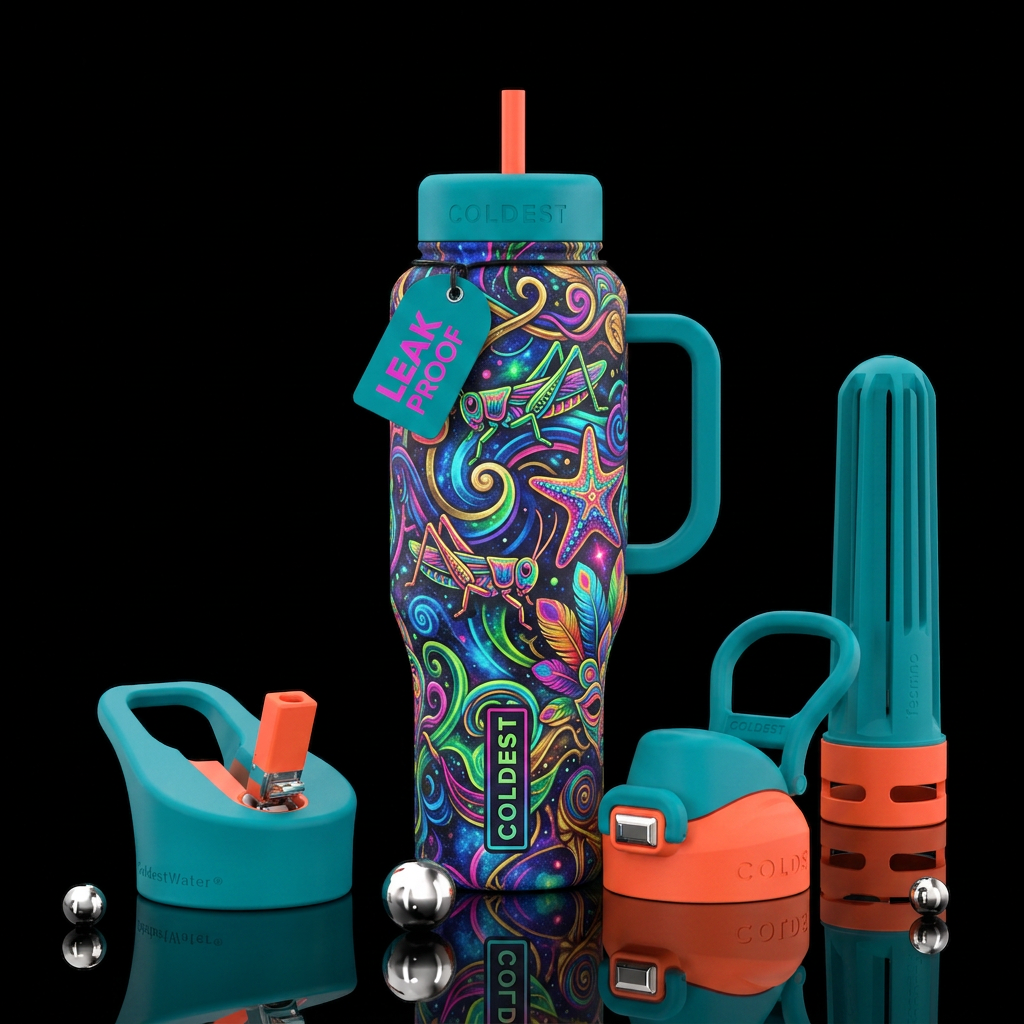 psychedelic, grasshopper, neon, rio carnival, abst... water bottle design