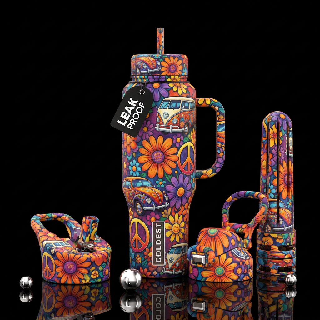 Hippie flowers,hippie car, peace sign, vivid color... water bottle design