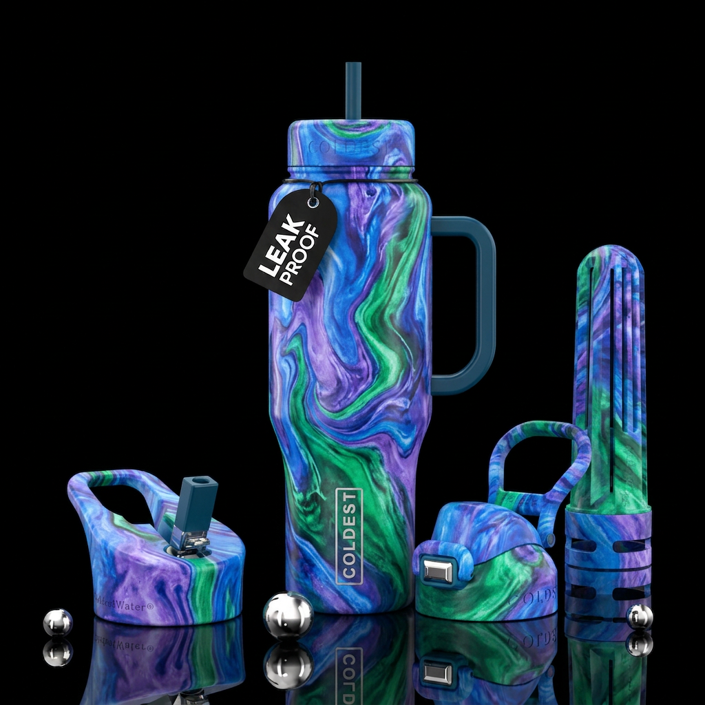 Marble coloring of blue, purple,green water bottle design