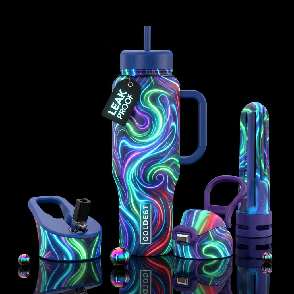 Colorful swirls, glow in the dark, vivid colors water bottle design