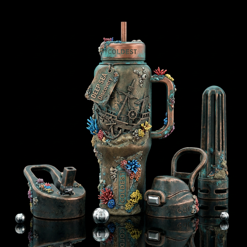 distressed, underwater, coral reef, shipwreck water bottle design