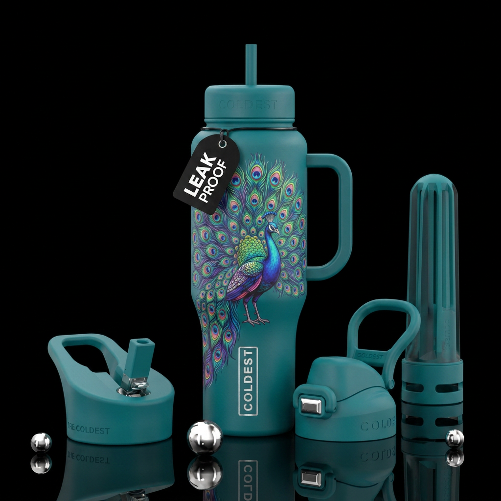 A colorful peacock with its tail open, on a teal b... water bottle design