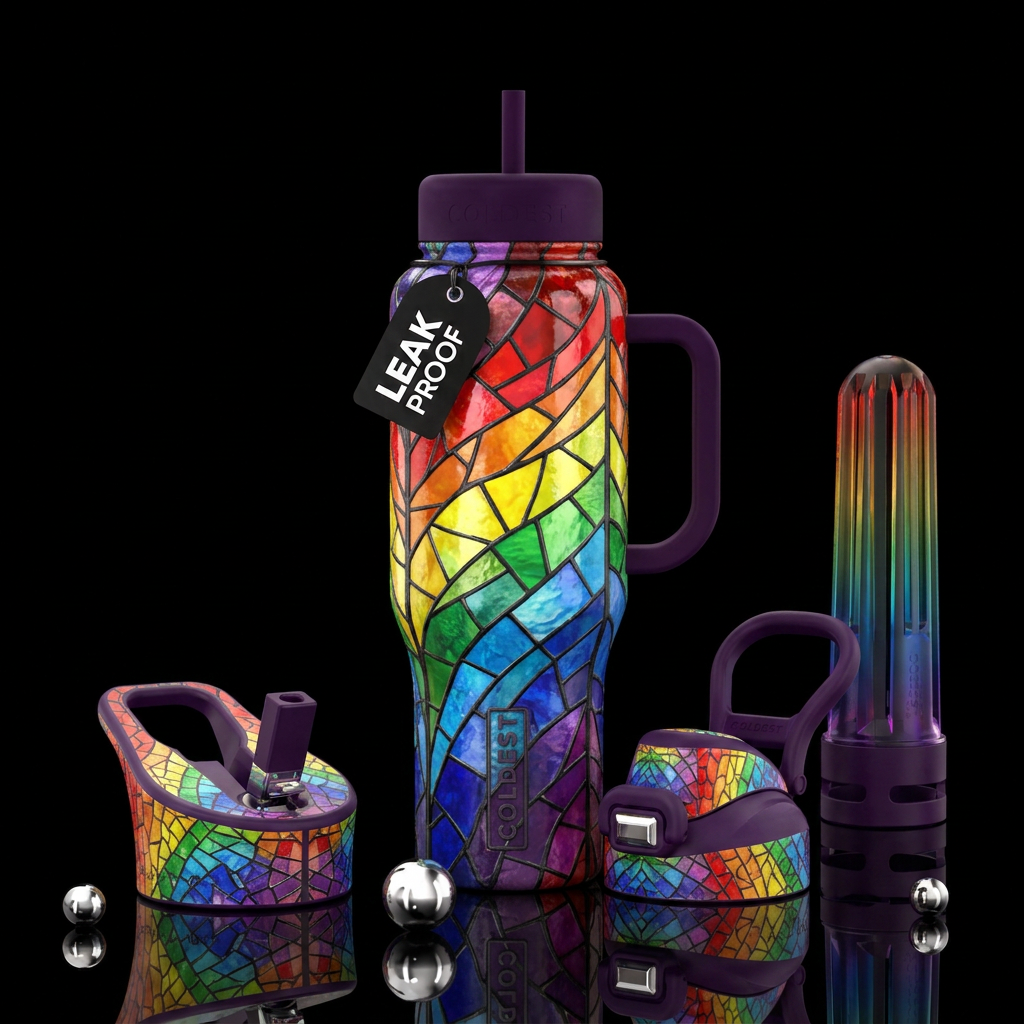 Rainbow of colors, stained glass water bottle design