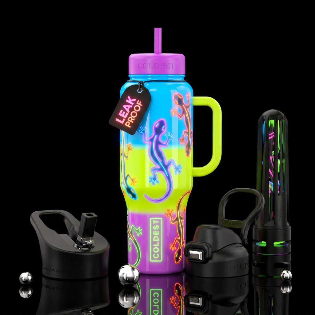 Neon geckos, on a bright bottle water bottle design