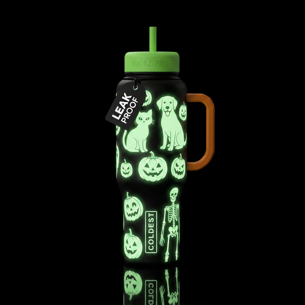 Halloween cat, Halloween dog, carved pumpkins, Ske... water bottle design