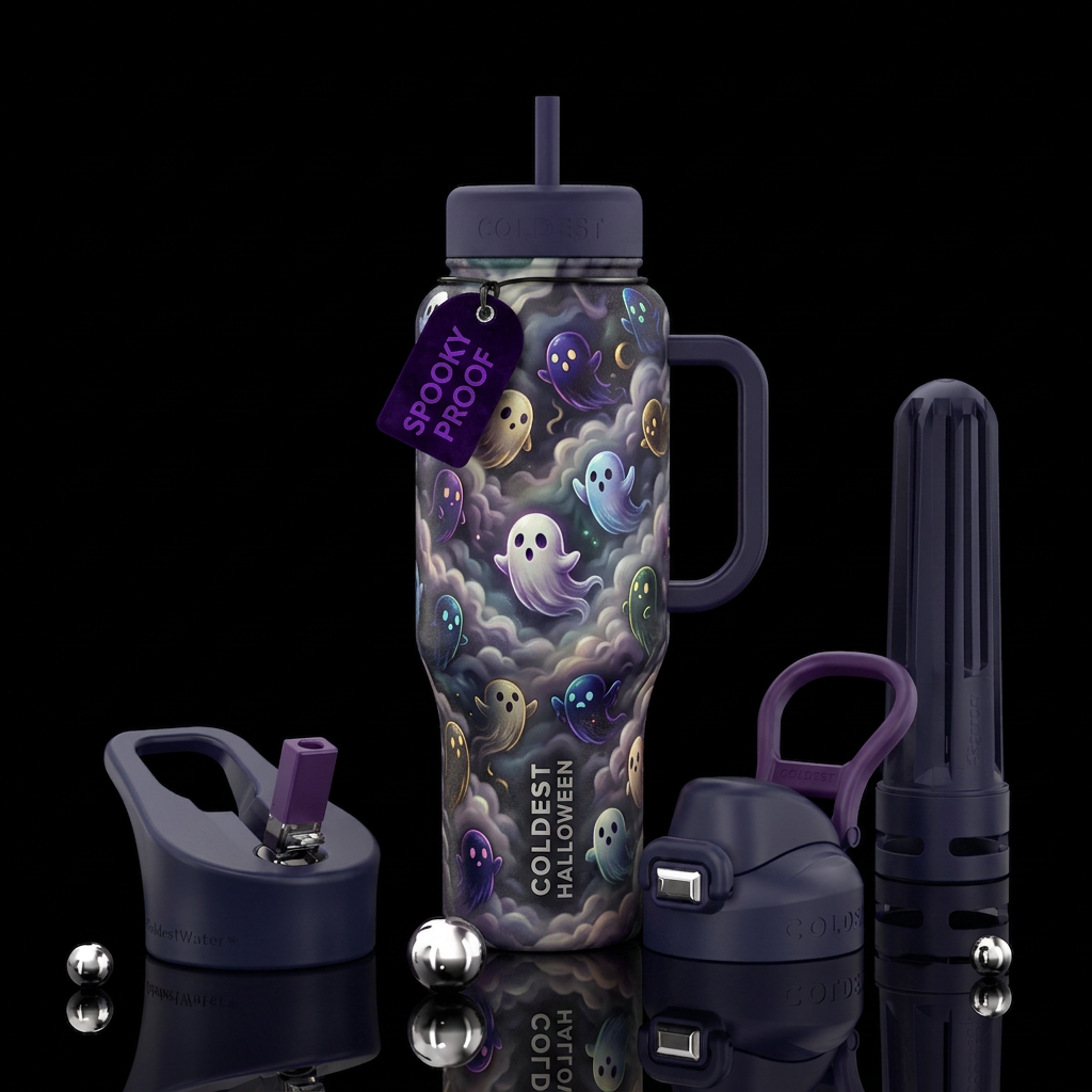 Spooky little ghost playing, playing in a foggy ba... water bottle design