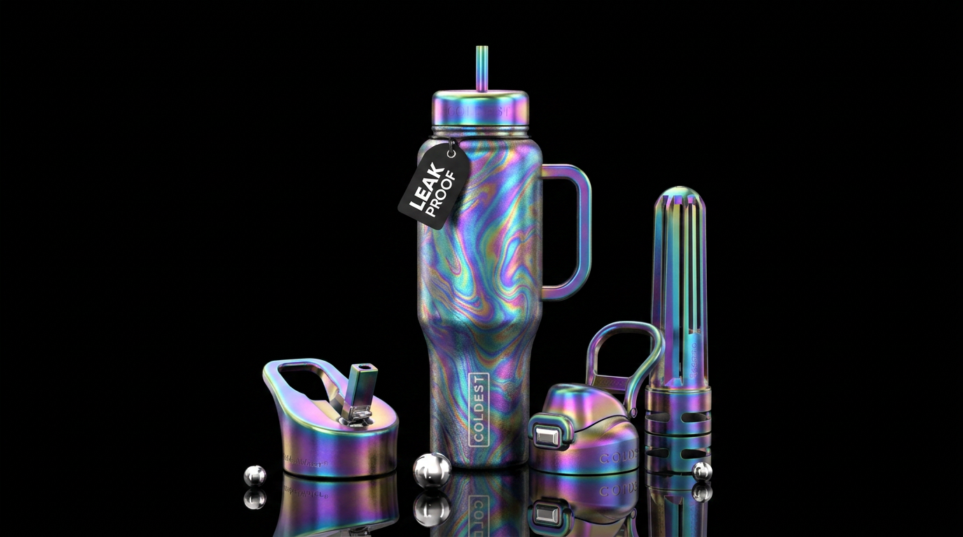 Colorful oil slick water bottle design