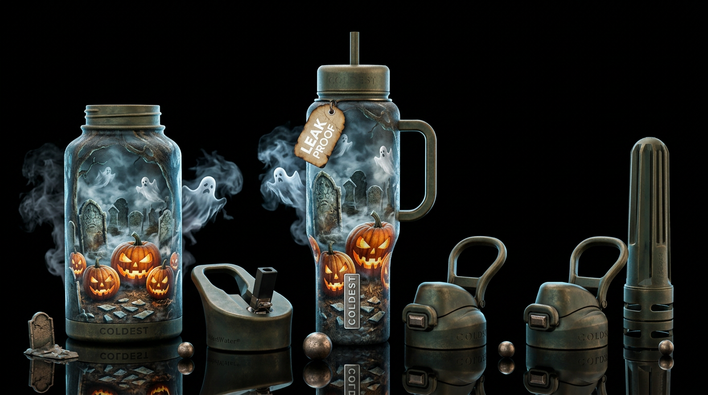 smoke, pumpkins,ghost, in a grave yard water bottle design