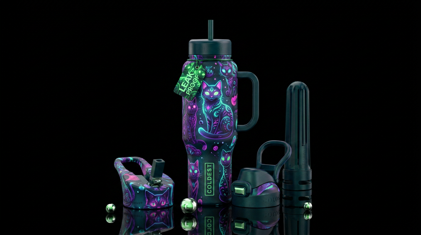 cat,, glowie, vibrant, whimsical water bottle design