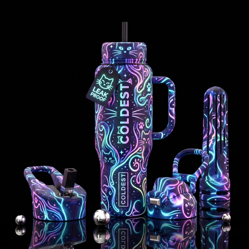cat,, glowie, vibrant, whimsical water bottle design