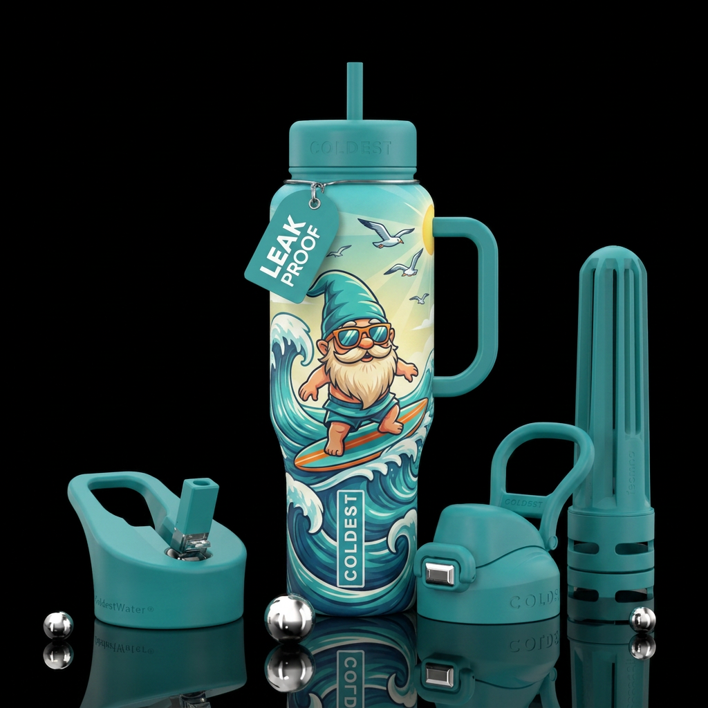 Gnome with sunglasses, on a surfboard, riding a wa... water bottle design