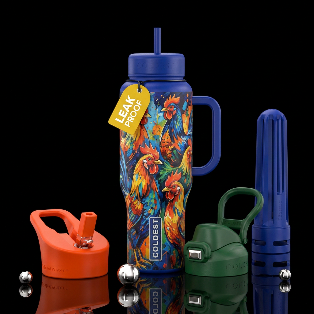 abstract, painting, vibrant, chickens water bottle design