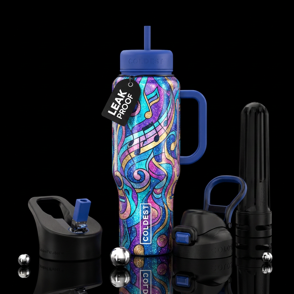 Music,, vibrant, sparkly, abstract water bottle design