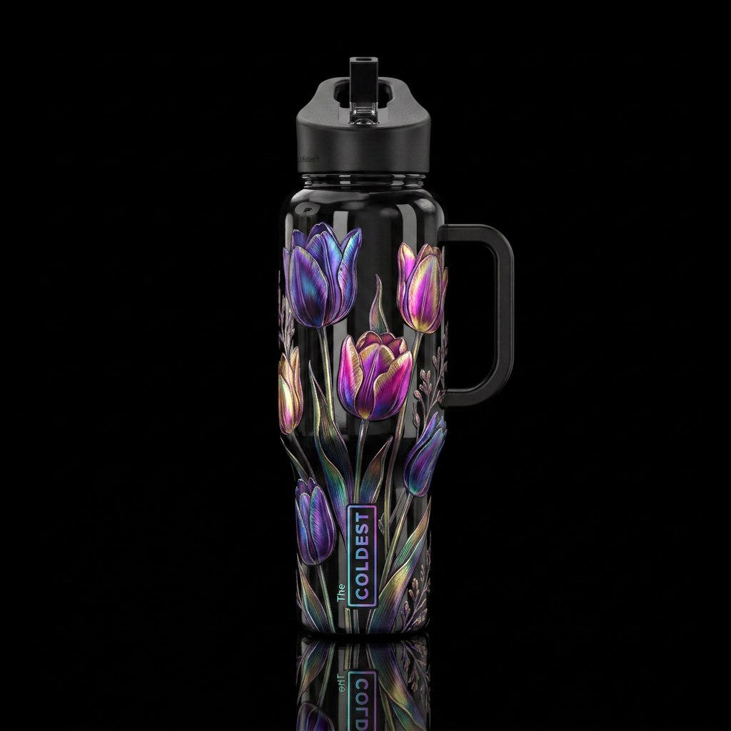 Tulips,, dark mood, irridescent water bottle design