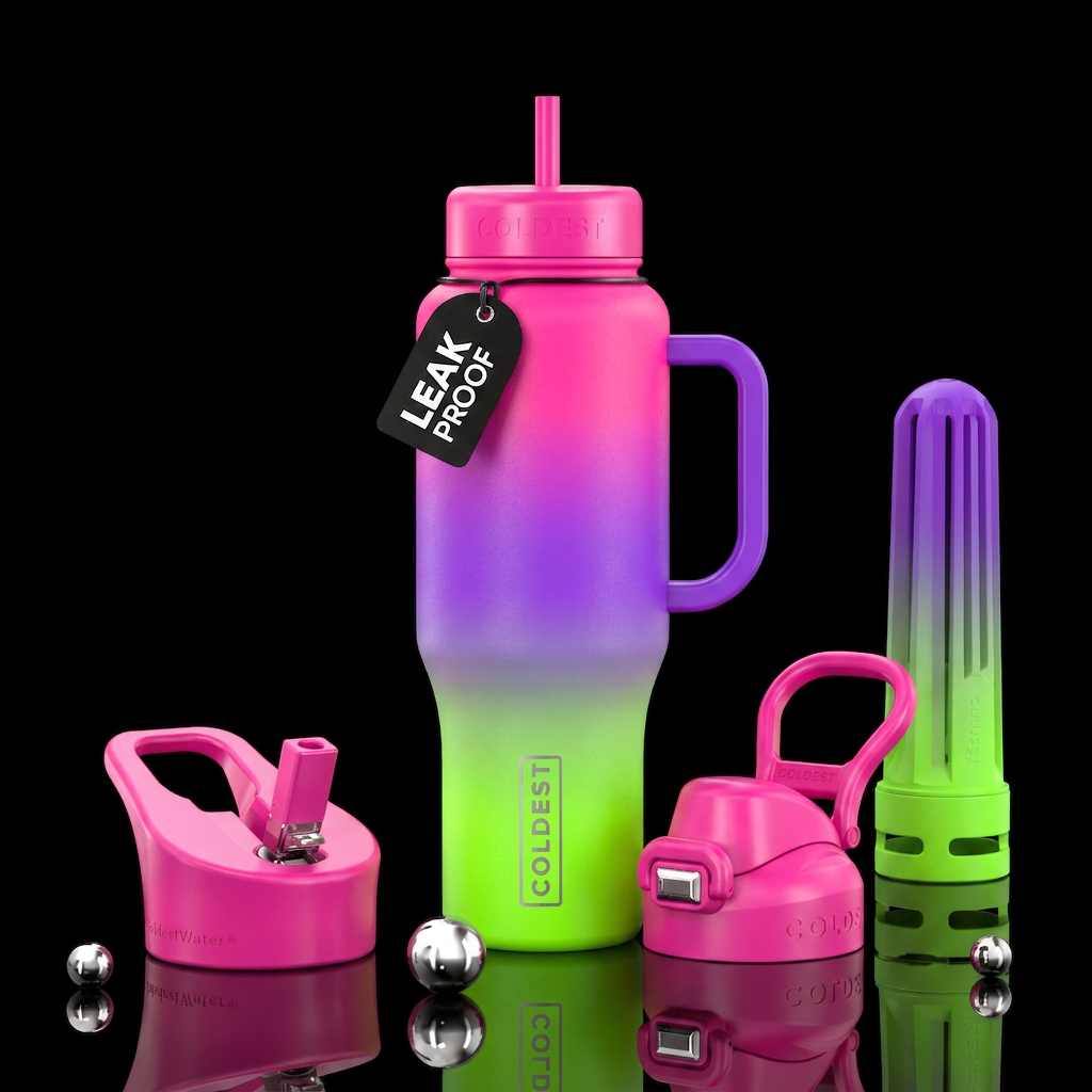 Slimer green, hot pink, vivid purple, water bottle design