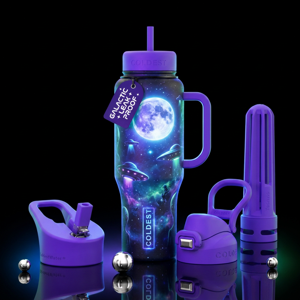 Night sky with a full moon, aliens and a alien spa... water bottle design