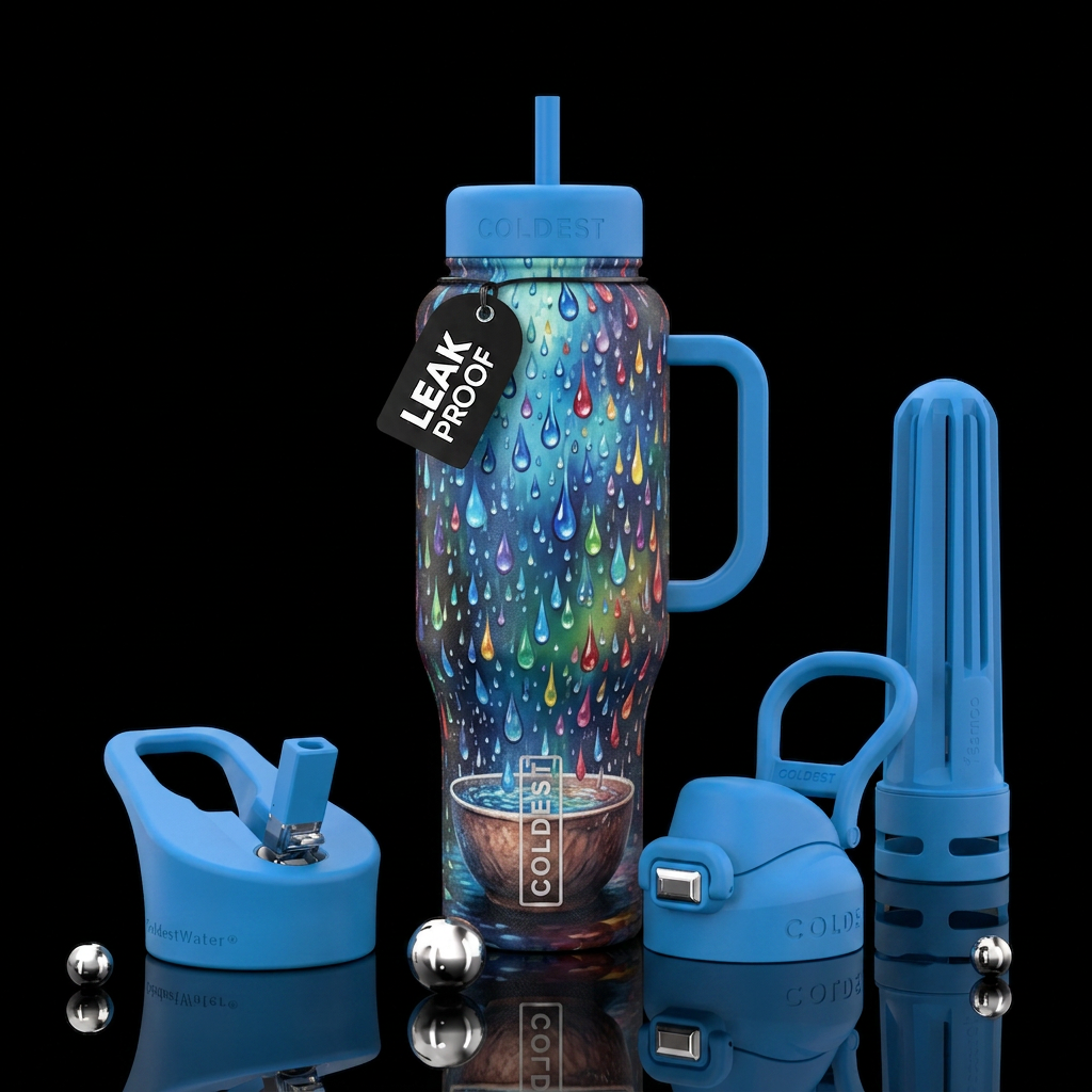 Colorful raindrops falling into bowl water bottle design