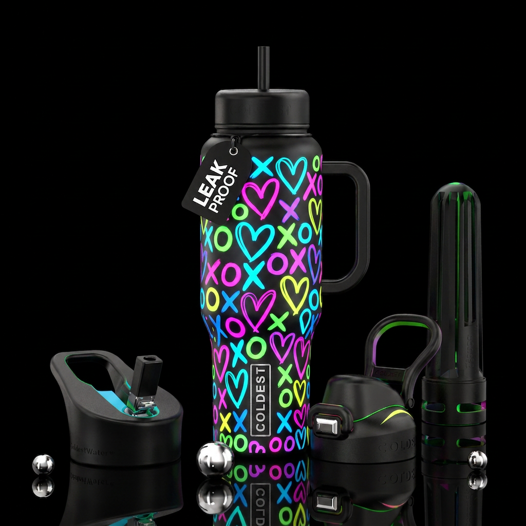 Vivid neon colored hearts, vivid neon colored X an... water bottle design