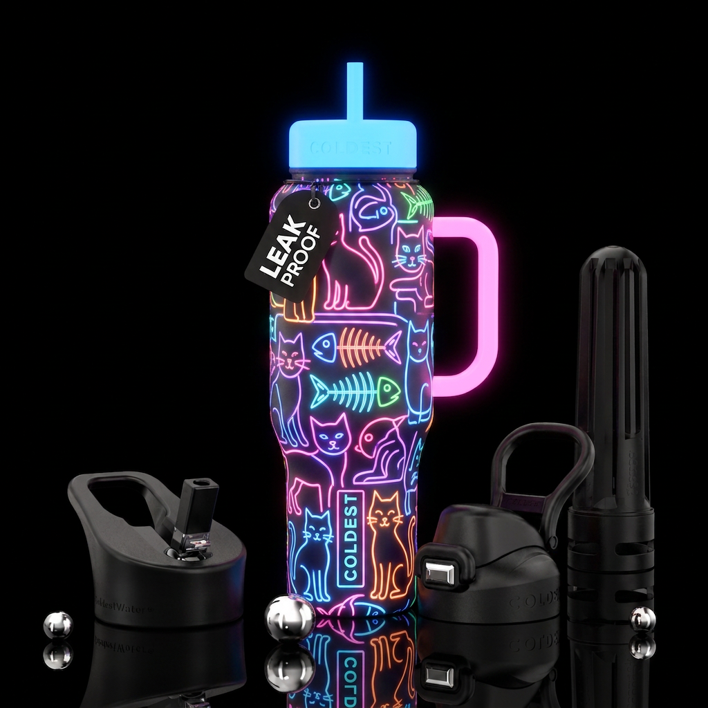 Neon outlined cats, neon outline bone fish, water bottle design