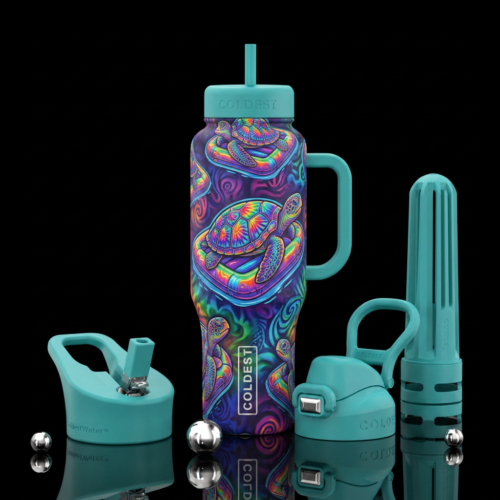 Psychedelic colored sea turtles floating on blow u... water bottle design