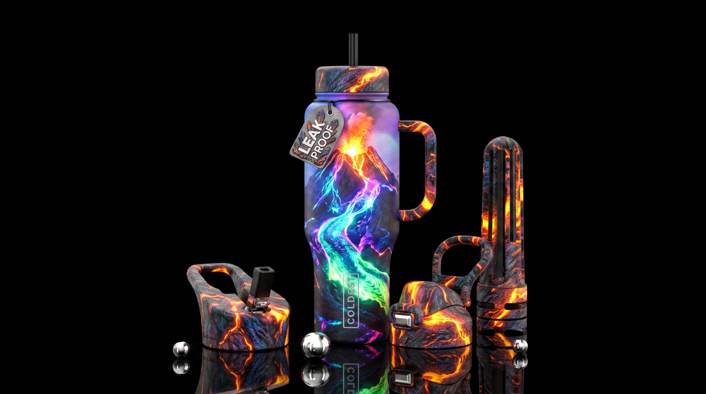 Volcano erupting abd the lava is colorful glowie c... water bottle design