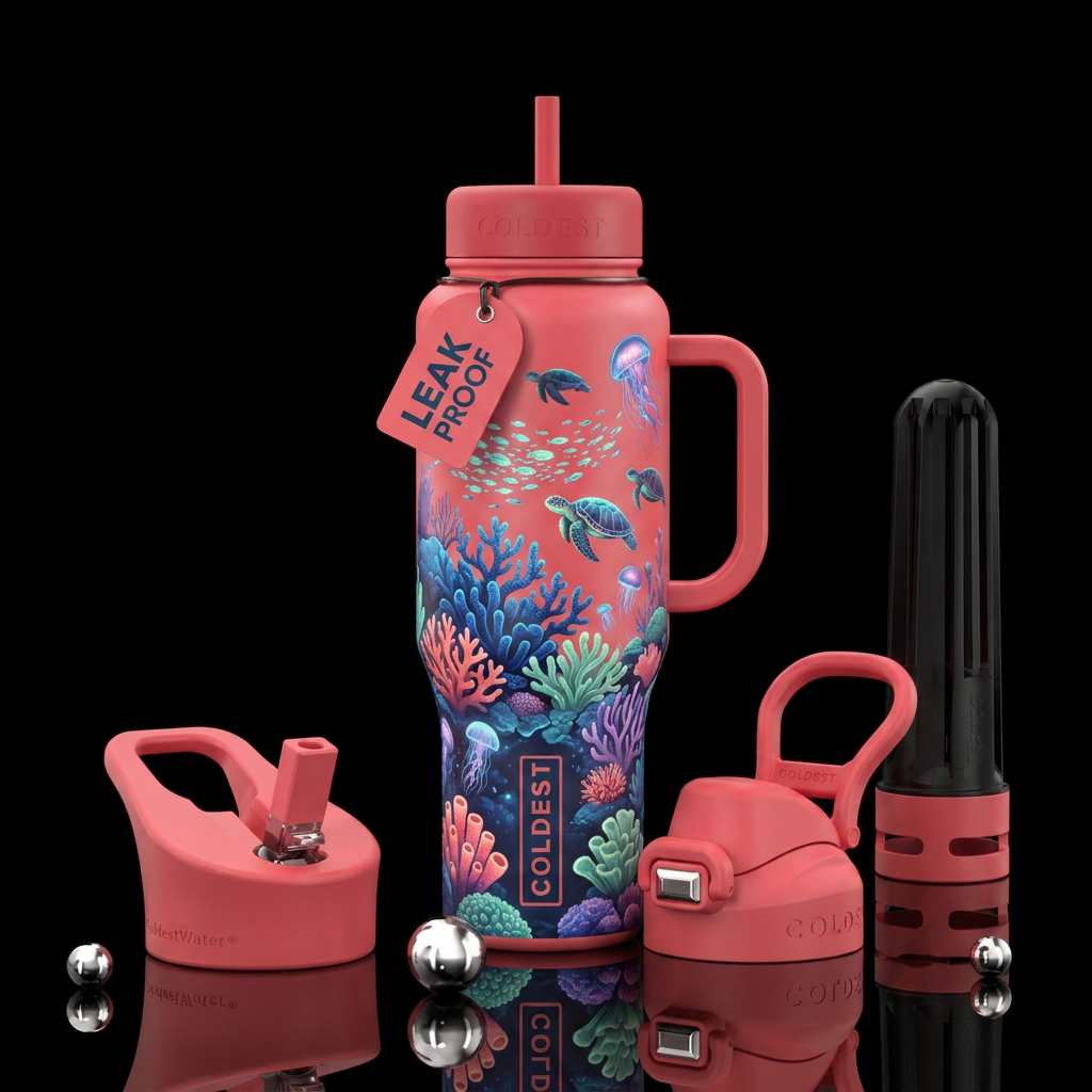 Glowie fish, sea turtles, jelly fish and coral ree... water bottle design