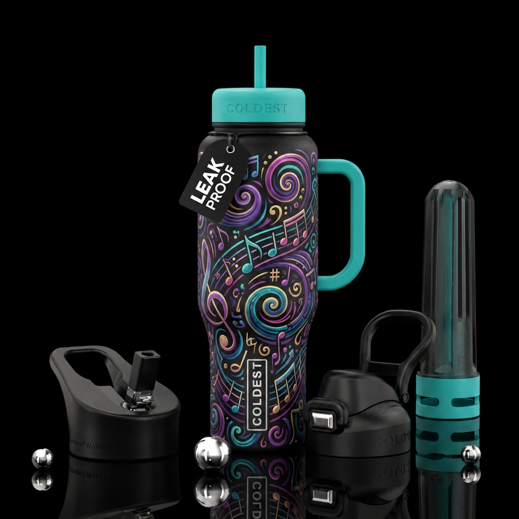 whimsical, music, spirals water bottle design