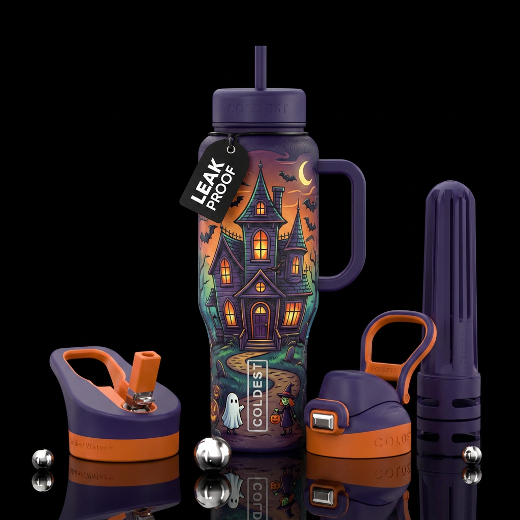 electric, haunted house with bats flying around an... water bottle design