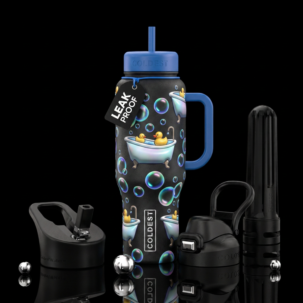 abstract glowie bubbles, claw foot tub, rubber duc... water bottle design