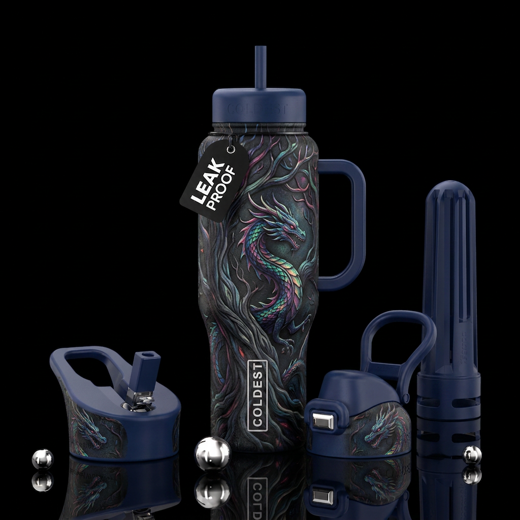 whimsical, trees, dark mood, dragon water bottle design