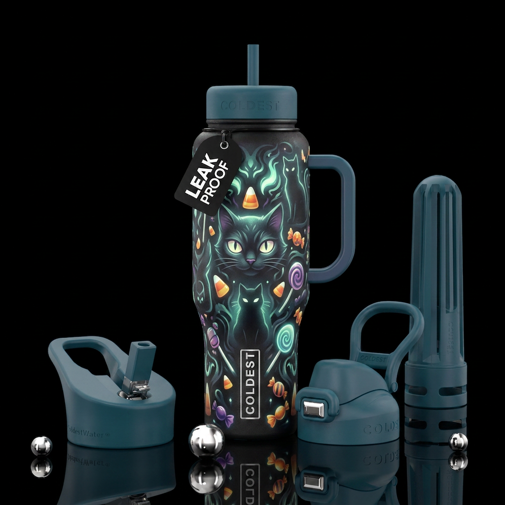 haunted, cat, glowie, candy water bottle design