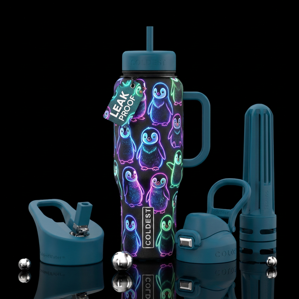 Vivid glowie baby penguins water bottle design