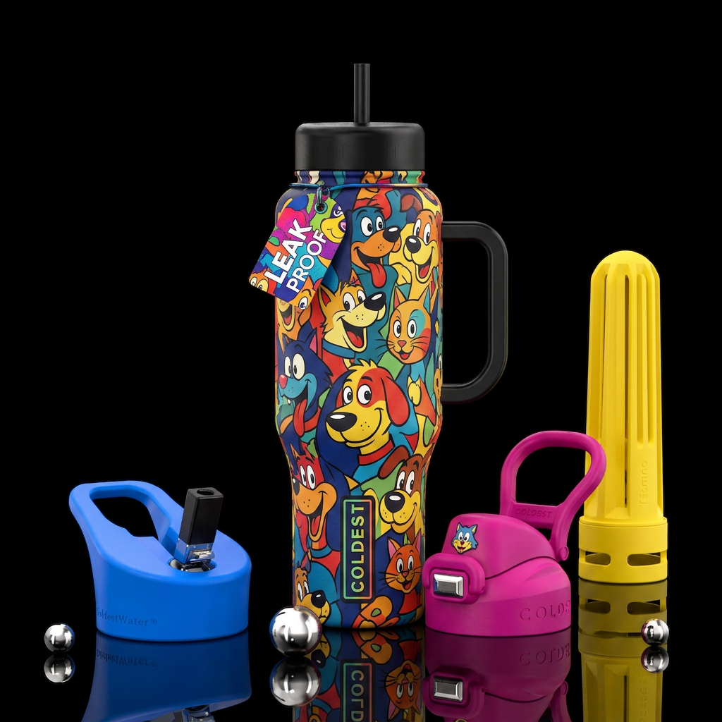 cartoon, old, abstract, dog, cat water bottle design