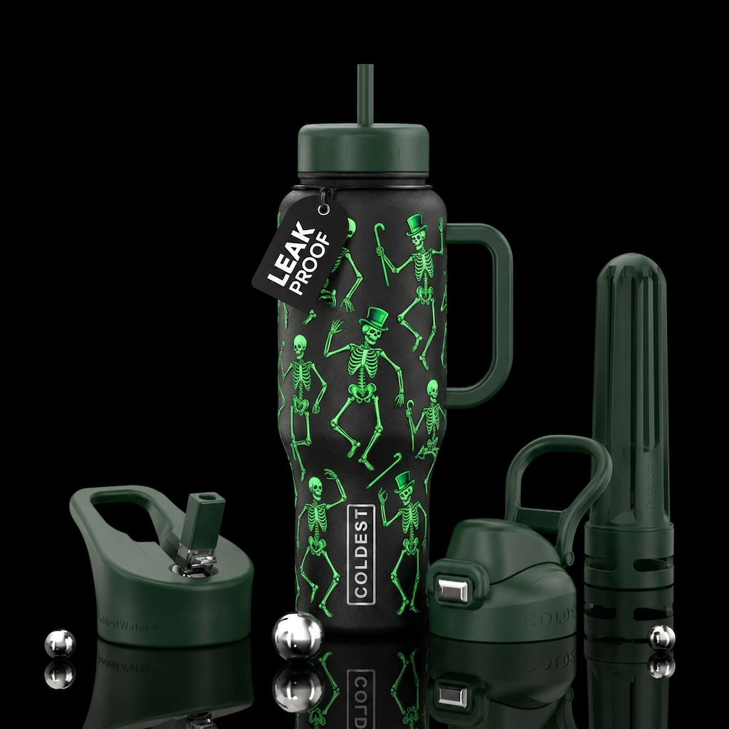 Halloween skeletons dancing some with canes and ha... water bottle design